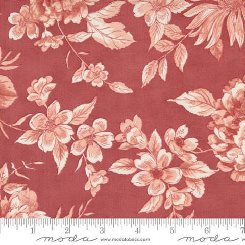 Image of the Sandalwood Camellia Rosewood quilting cotton fabric by 3 Sisters for Moda Fabrics. Features a floral fabric on a red background. Cute Little Fabric Shop