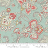 Image of the Sandalwood Fleur Eucalyptus quilting cotton fabric by 3 Sisters for Moda Fabrics. Features a floral fabric on a blue background. Cute Little Fabric Shop
