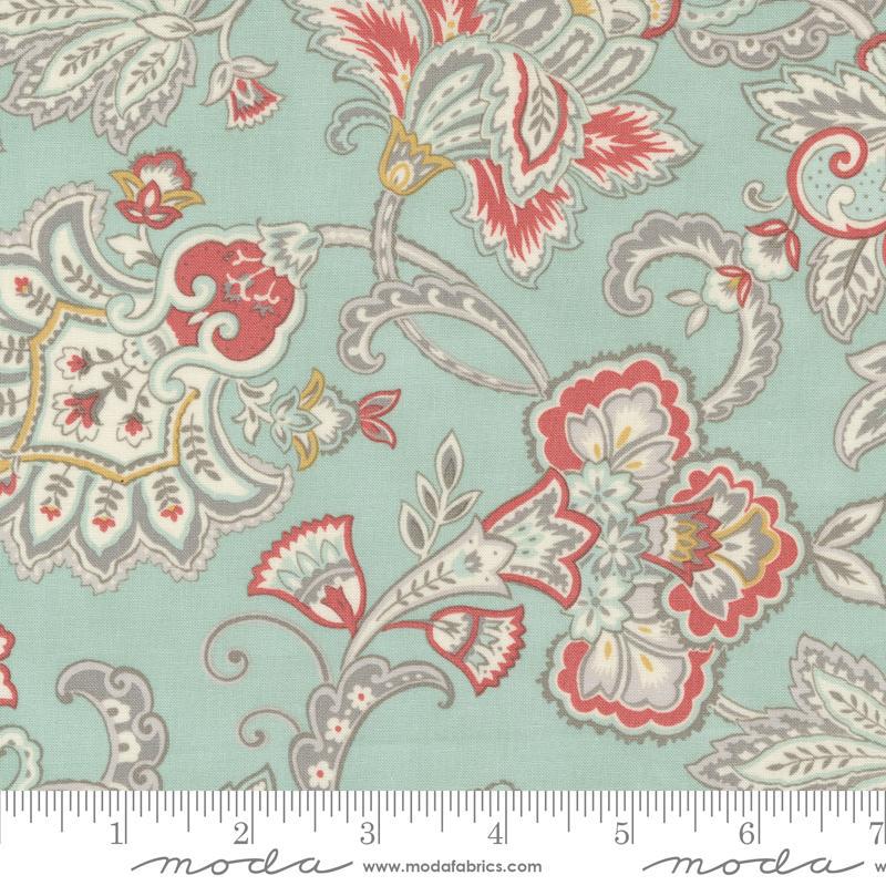 Image of the Sandalwood Fleur Eucalyptus quilting cotton fabric by 3 Sisters for Moda Fabrics. Features a floral fabric on a blue background. Cute Little Fabric Shop