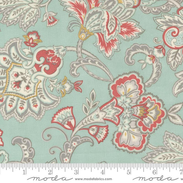 Image of the Sandalwood Fleur Eucalyptus quilting cotton fabric by 3 Sisters for Moda Fabrics. Features a floral fabric on a blue background. Cute Little Fabric Shop