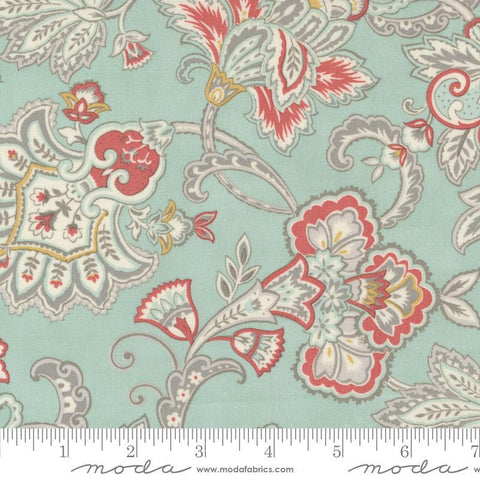 Image of the Sandalwood Fleur Eucalyptus quilting cotton fabric by 3 Sisters for Moda Fabrics. Features a floral fabric on a blue background. Cute Little Fabric Shop