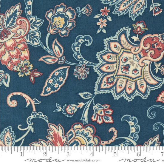 Image of the Sandalwood Fleur Indigo quilting cotton fabric by 3 Sisters for Moda Fabrics. Features a floral fabric on a blue background. Cute Little Fabric Shop