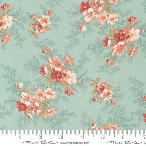 Image of the Sandalwood Cassandra Eucalyptus quilting cotton fabric by 3 Sisters for Moda Fabrics. Features a floral fabric on a blue background. Cute Little Fabric Shop