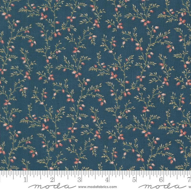 Image of the Sandalwood Liana Indigo quilting cotton fabric by 3 Sisters for Moda Fabrics. Features a floral fabric on a blue background. Cute Little Fabric Shop