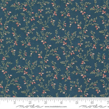Image of the Sandalwood Liana Indigo quilting cotton fabric by 3 Sisters for Moda Fabrics. Features a floral fabric on a blue background. Cute Little Fabric Shop