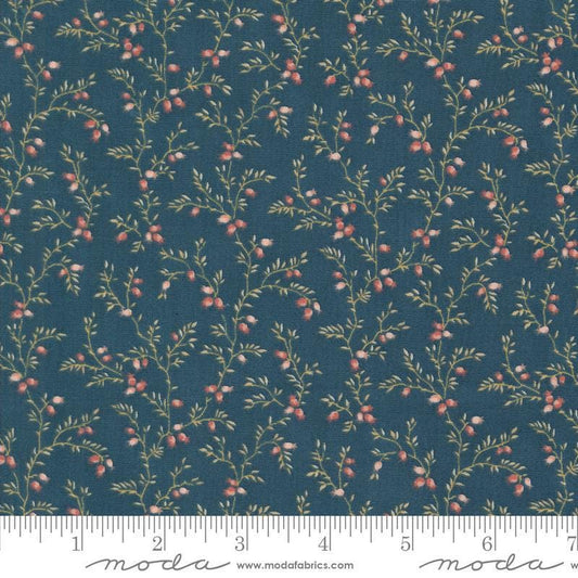 Image of the Sandalwood Liana Indigo quilting cotton fabric by 3 Sisters for Moda Fabrics. Features a floral fabric on a blue background. Cute Little Fabric Shop