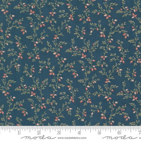 Image of the Sandalwood Liana Indigo quilting cotton fabric by 3 Sisters for Moda Fabrics. Features a floral fabric on a blue background. Cute Little Fabric Shop