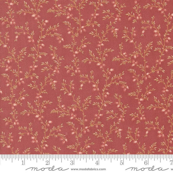 Image of the Sandalwood Liana Rosewood quilting cotton fabric by 3 Sisters for Moda Fabrics. Features a floral fabric on a red background. Cute Little Fabric Shop