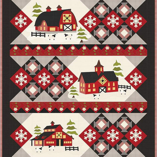 Image of the Winter Barns Block of the Month Quilt Pattern by Calico Patch Designs for Riley Blake Designs. Features winter themed houses and patterns on a quilt block. 
Cute Little Fabric Shop