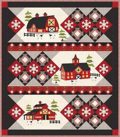 Image of the Winter Barns Block of the Month Quilt Pattern by Calico Patch Designs for Riley Blake Designs. Features winter themed houses and patterns on a quilt block. 
Cute Little Fabric Shop