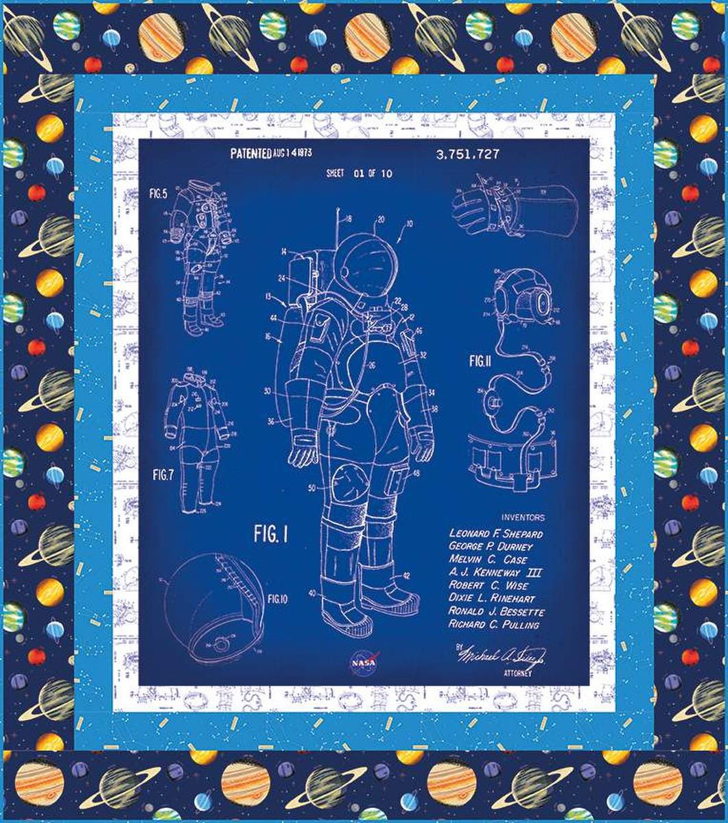 Image of the NASA Spacesuit Panel Quilt Boxed Kit by NASA for Riley Blake Designs. Features an astronaut suit. 
Cute Little Fabric Shop