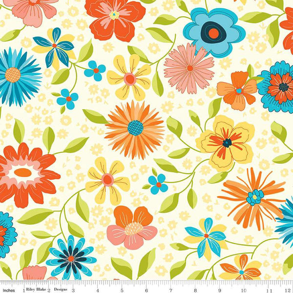 Image of the Wide Back Here Comes the Sun Cream quilting cotton fabric by Sandy Gervais for Riley Blake Designs. Features flowers on a cream background. 
Cute Little Fabric Shop