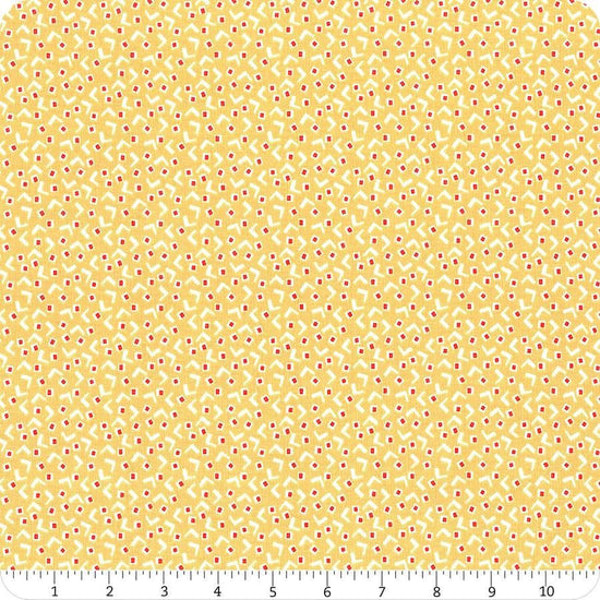 Image of the Vintage Happy 2 Tiny Squares Honey quilting cotton fabric by Lori Holt for Riley Blake Designs. Features squares and a V shape on a pin dot yellow background.  
Cute Little Fabric Shop