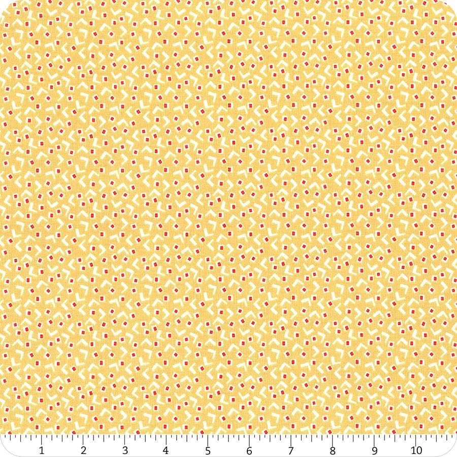Image of the Vintage Happy 2 Tiny Squares Honey quilting cotton fabric by Lori Holt for Riley Blake Designs. Features squares and a V shape on a pin dot yellow background.  
Cute Little Fabric Shop