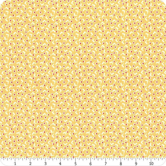 Image of the Vintage Happy 2 Tiny Squares Honey quilting cotton fabric by Lori Holt for Riley Blake Designs. Features squares and a V shape on a pin dot yellow background.  
Cute Little Fabric Shop