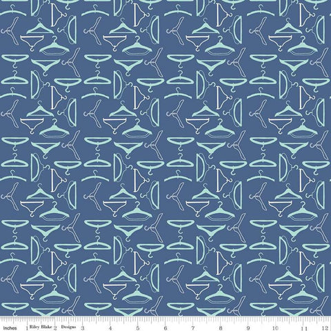 Image of the Vintage Happy 2 Hangers Denim quilting cotton fabric by Lori Holt for Riley Blake Designs. Features clothing hangers on a blue background.  
Cute Little Fabric Shop