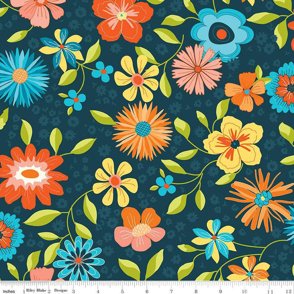 Image of the Wide Back Here Comes the Sun Midnight quilting cotton fabric by Sandy Gervais for Riley Blake Designs. Features flowers on a blue background. 
Cute Little Fabric Shop