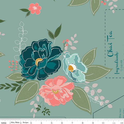 Image of the Afternoon Tea Light Lodge Pole quilting cotton fabric by Beverly McCullough for Riley Blake Designs. Features flowers on a blue background. 
Cute Little Fabric Shop