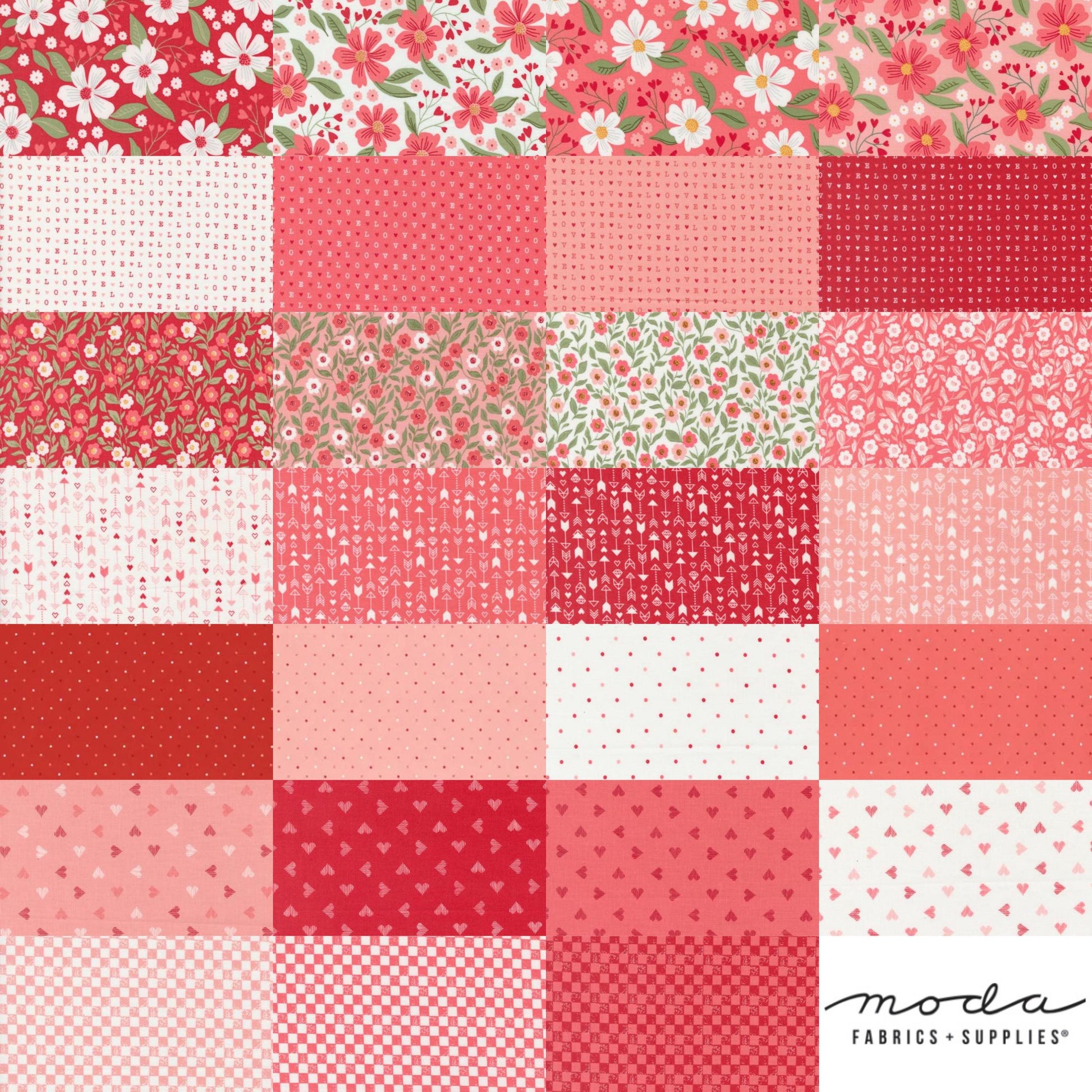 Image of the Love Blooms Rolie Polie by Moda Fabrics. Features valentine's day fabrics. 
Cute Little Fabric Shop