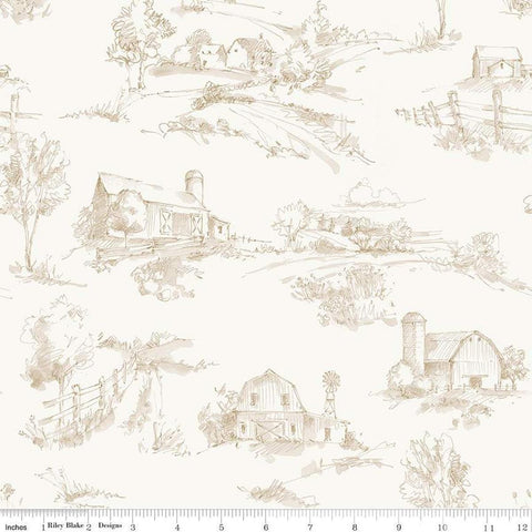 Image of the Wide Back Countryside Scenery Sand quilting cotton fabric by Lisa Audit for Riley Blake Designs. Features a tone-on-tone country landscape scene on cream. 
Cute Little Fabric Shop