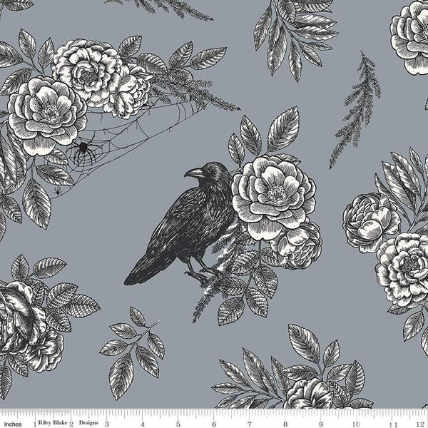 Image of the Wide Back Sophisticated Halloween Floral Raven Fog quilting cotton fabric by My Minds Eye for Riley Blake Designs. Features black flowers and ravens on a gray background.
Cute Little Fabric Shop