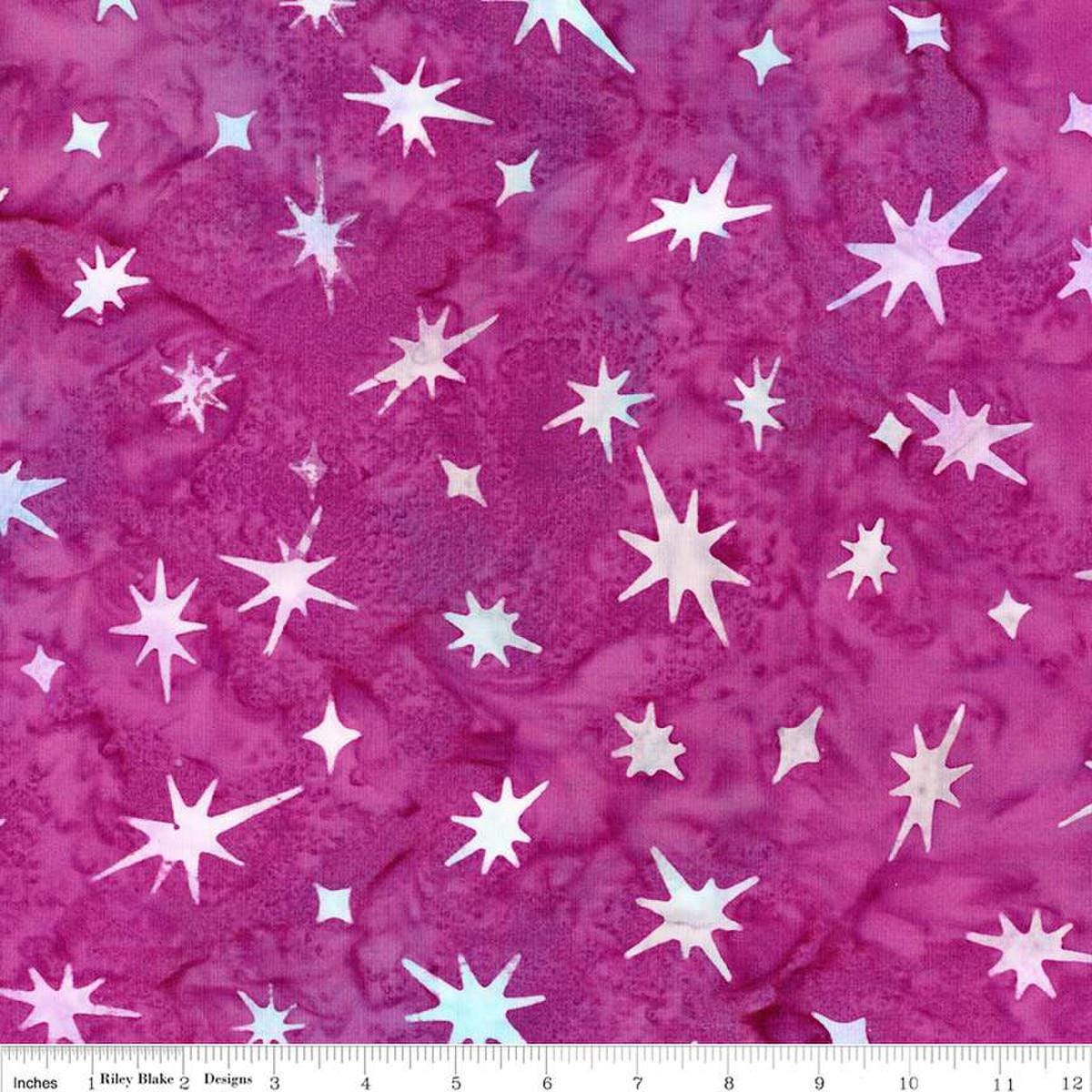 Image of the Expressions Batiks Bedazzled! Lollipop quilting cotton fabric by Pat Fryer for Riley Blake Designs. Features an abstract star pattern on a pink background. 
Cute Little Fabric Shop