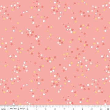 Image of the Between the Pages Flowers Coral quilting cotton fabric by Fran Gulick for Riley Blake Designs. Features scattered small flowers on a pink background. 
Cute Little Fabric Shop