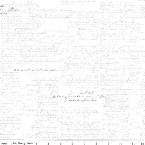 Image of the Between the Pages Manuscript White quilting cotton fabric by Fran Gulick for Riley Blake Designs. Features cursive manuscript on a white background. 
Cute Little Fabric Shop