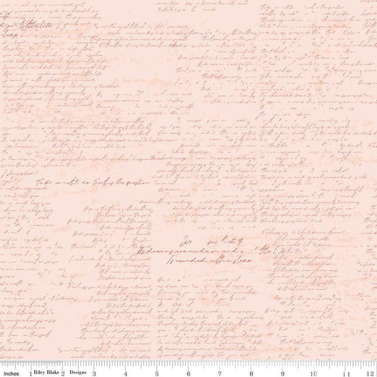 Image of the Between the Pages Manuscript Ballerina quilting cotton fabric by Fran Gulick for Riley Blake Designs. Features cursive manuscript on a light blue background. 
Cute Little Fabric Shop