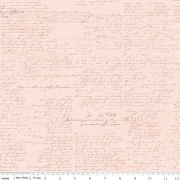 Image of the Between the Pages Manuscript Ballerina quilting cotton fabric by Fran Gulick for Riley Blake Designs. Features cursive manuscript on a light blue background. 
Cute Little Fabric Shop