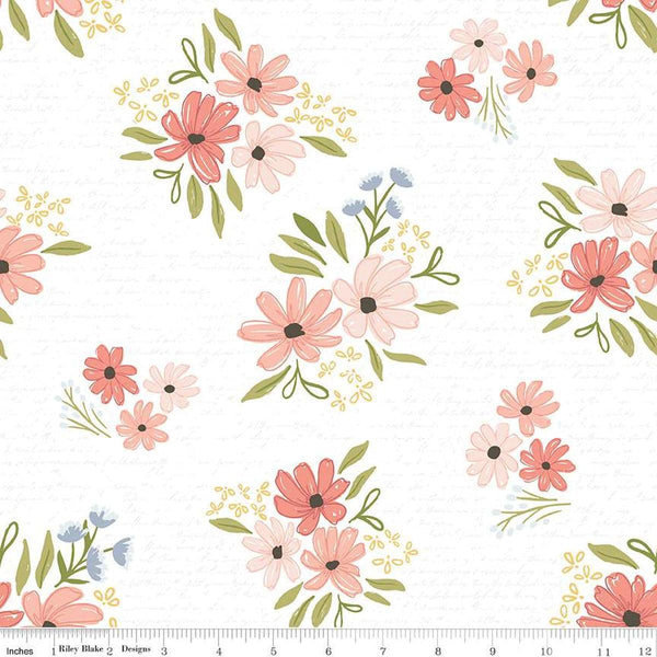 Image of the Between the Pages Main White quilting cotton fabric by Fran Gulick for Riley Blake Designs. Features clusters of flowers and tone-on-tone text on a white background. 
Cute Little Fabric Shop