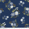 Image of the Between the Pages Main Navy quilting cotton fabric by Fran Gulick for Riley Blake Designs. Features clusters of flowers and tone-on-tone text on a navy background. 
Cute Little Fabric Shop