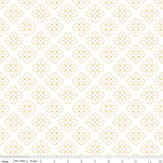 Image of the Between the Pages End Papers White quilting cotton fabric by Fran Gulick for Riley Blake Designs. Features a geometric medallion design on a white background. 
Cute Little Fabric Shop