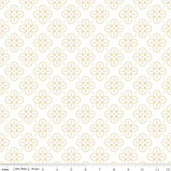 Image of the Between the Pages End Papers White quilting cotton fabric by Fran Gulick for Riley Blake Designs. Features a geometric medallion design on a white background. 
Cute Little Fabric Shop