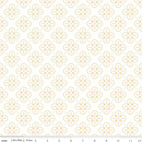 Image of the Between the Pages End Papers White quilting cotton fabric by Fran Gulick for Riley Blake Designs. Features a geometric medallion design on a white background. 
Cute Little Fabric Shop