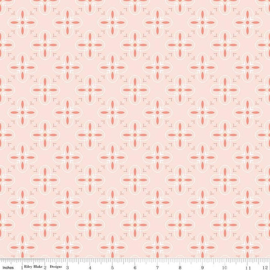 Image of the Between the Pages End Papers Ballerina quilting cotton fabric by Fran Gulick for Riley Blake Designs. Features a geometric medallion design on a light pink background. 
Cute Little Fabric Shop
