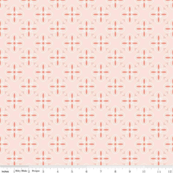 Image of the Between the Pages End Papers Ballerina quilting cotton fabric by Fran Gulick for Riley Blake Designs. Features a geometric medallion design on a light pink background. 
Cute Little Fabric Shop