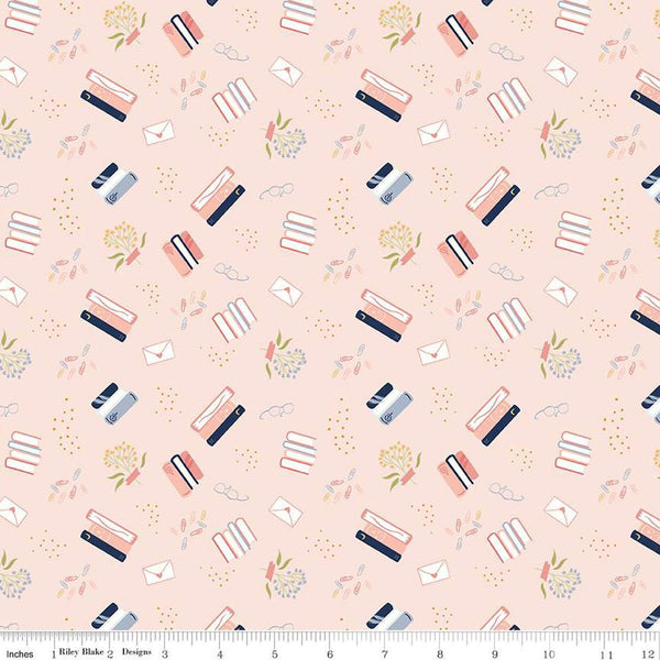 Image of the Between the Pages Bookish Life Ballerina
 quilting cotton fabric by Fran Gulick for Riley Blake Designs. Features tossed books, flowers, dots, paper clips, and glasses on a light pink background. 
Cute Little Fabric Shop