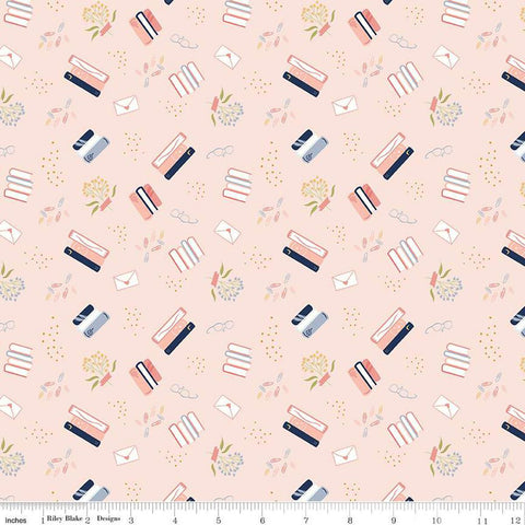 Image of the Between the Pages Bookish Life Ballerina
 quilting cotton fabric by Fran Gulick for Riley Blake Designs. Features tossed books, flowers, dots, paper clips, and glasses on a light pink background. 
Cute Little Fabric Shop