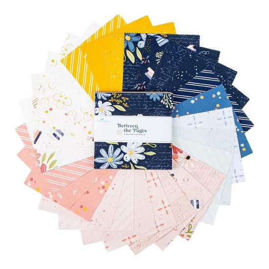 Image of the Between the Pages 5" Stacker by Fran Gulick for Riley Blake Designs. Features flower and book themed fabrics. 
Cute Little Fabric Shop