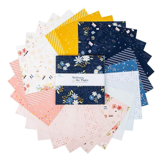 Image of the Between the Pages 10 inch Stacker by Fran Gulick for Riley Blake Designs. Features flower and book themed fabrics. 
Cute Little Fabric Shop