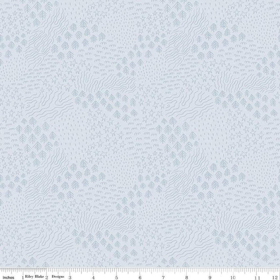 Image of the Twilight Creatures Scenery Ice quilting cotton fabric by Natàlia Juan Abelló for Riley Blake Designs. Features sketched trees, stars, and lines on a light gray background. 
Cute Little Fabric Shop