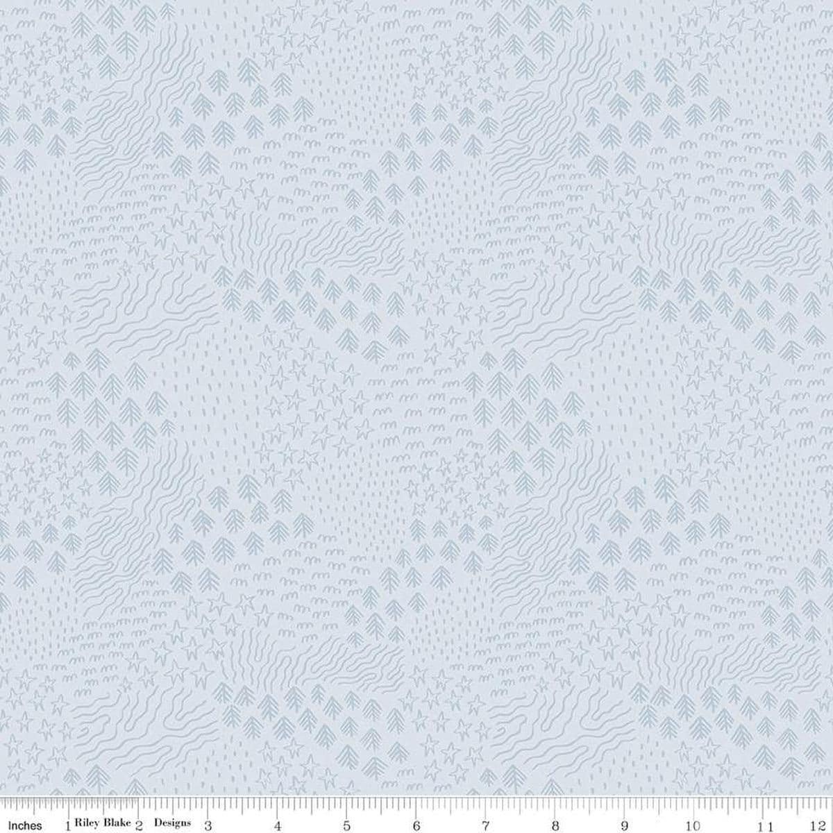 Image of the Twilight Creatures Scenery Ice quilting cotton fabric by Natàlia Juan Abelló for Riley Blake Designs. Features sketched trees, stars, and lines on a light gray background. 
Cute Little Fabric Shop