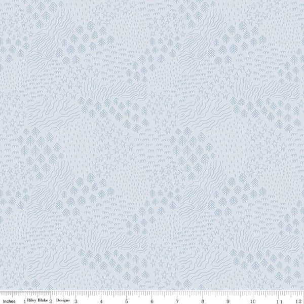 Image of the Twilight Creatures Scenery Ice quilting cotton fabric by Natàlia Juan Abelló for Riley Blake Designs. Features sketched trees, stars, and lines on a light gray background. 
Cute Little Fabric Shop