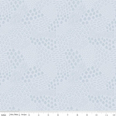 Image of the Twilight Creatures Scenery Ice quilting cotton fabric by Natàlia Juan Abelló for Riley Blake Designs. Features sketched trees, stars, and lines on a light gray background. 
Cute Little Fabric Shop