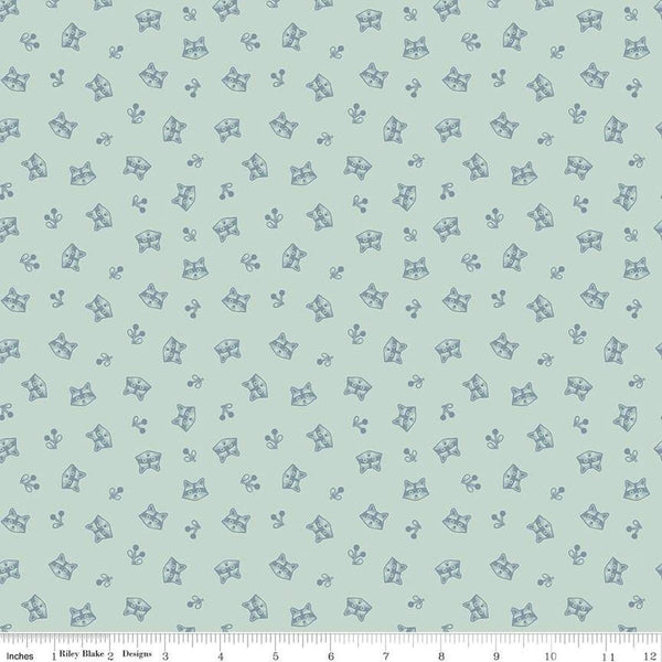 Image of the Twilight Creatures Raccoons Mint
 quilting cotton fabric by Natàlia Juan Abelló for Riley Blake Designs. Features scattered sprigs and raccoon heads on a light aqua background. 
Cute Little Fabric Shop