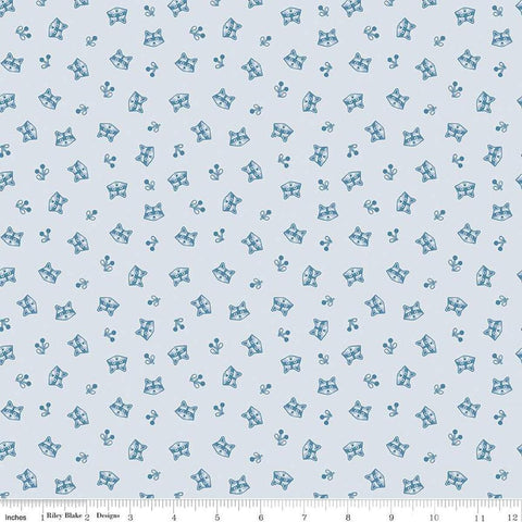 Image of the Twilight Creatures Raccoons Ice
 quilting cotton fabric by Natàlia Juan Abelló for Riley Blake Designs. Features scattered sprigs and raccoon heads on a pale blue background. 
Cute Little Fabric Shop