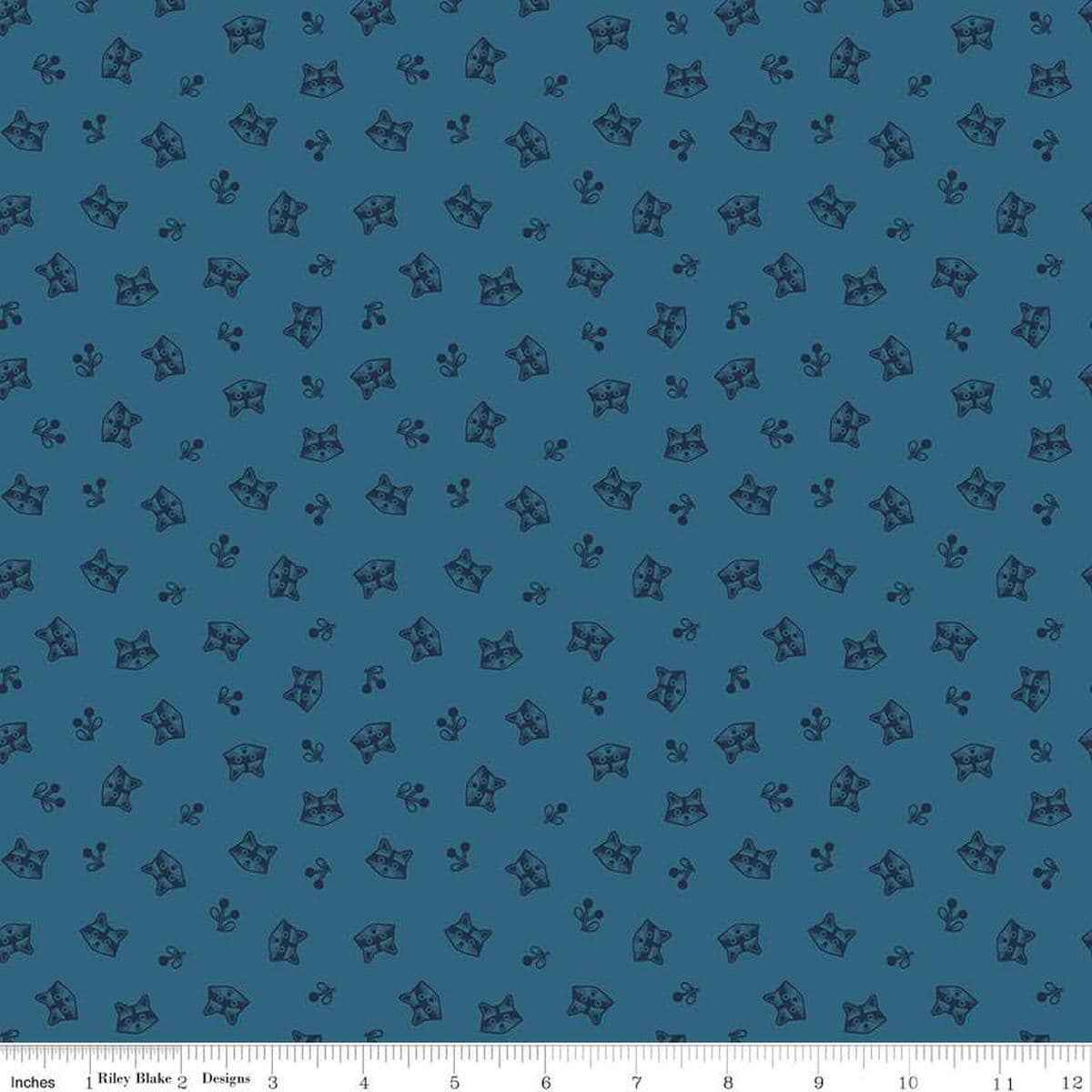 Image of the Twilight Creatures Raccoons Blue
 quilting cotton fabric by Natàlia Juan Abelló for Riley Blake Designs. Features scattered sprigs and raccoon heads on a dark blue background. 
Cute Little Fabric Shop