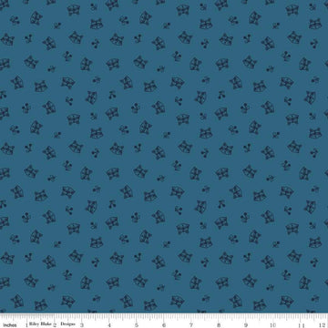 Image of the Twilight Creatures Raccoons Blue
 quilting cotton fabric by Natàlia Juan Abelló for Riley Blake Designs. Features scattered sprigs and raccoon heads on a dark blue background. 
Cute Little Fabric Shop