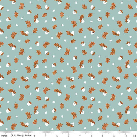 Image of the Twilight Creatures Happy Acorns Songbird quilting cotton fabric by Natàlia Juan Abelló for Riley Blake Designs. Features small scattered acorns, stars, and leaves on a light aqua green background. 
Cute Little Fabric Shop